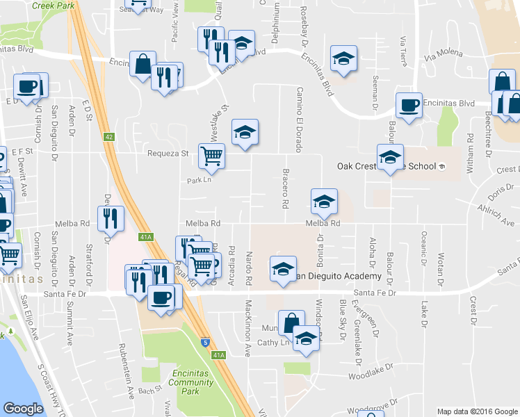map of restaurants, bars, coffee shops, grocery stores, and more near 917 Nardo Road in Encinitas