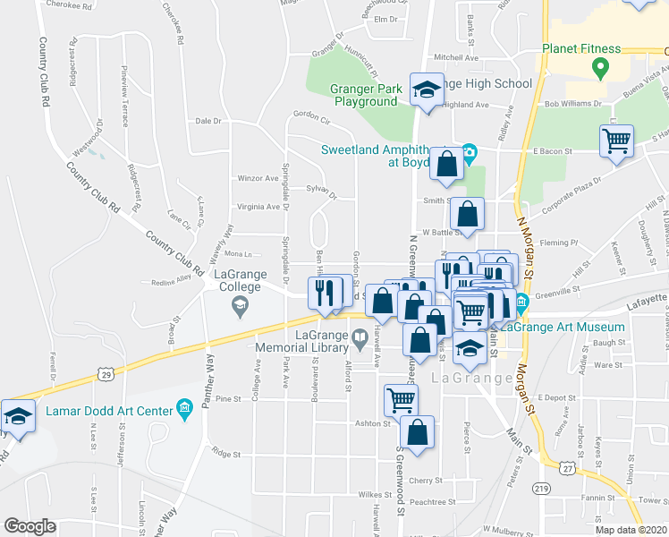 map of restaurants, bars, coffee shops, grocery stores, and more near 109 Ben Hill Street in LaGrange