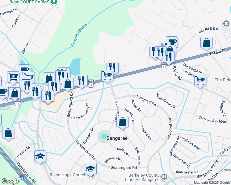 map of restaurants, bars, coffee shops, grocery stores, and more near 205 Longstreet Street in Summerville