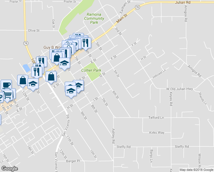 map of restaurants, bars, coffee shops, grocery stores, and more near 815 6th Street in Ramona