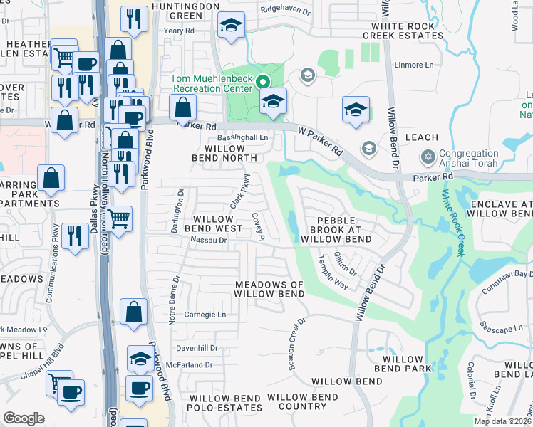 map of restaurants, bars, coffee shops, grocery stores, and more near 2908 Covey Place in Plano