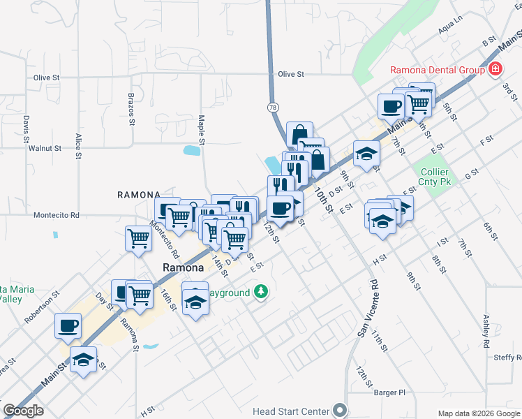map of restaurants, bars, coffee shops, grocery stores, and more near 1175 Main Street in Ramona