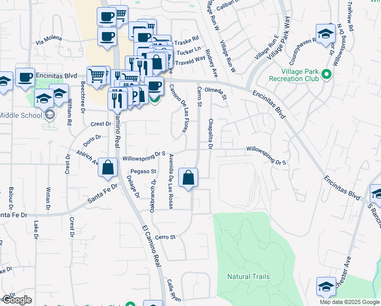 map of restaurants, bars, coffee shops, grocery stores, and more near 519 Willowspring Drive South in Encinitas