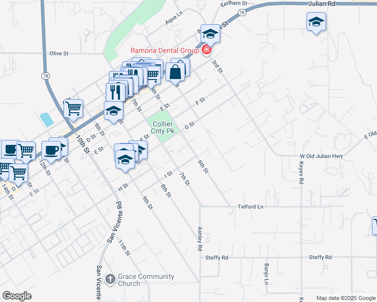 map of restaurants, bars, coffee shops, grocery stores, and more near 815 6th Street in Ramona