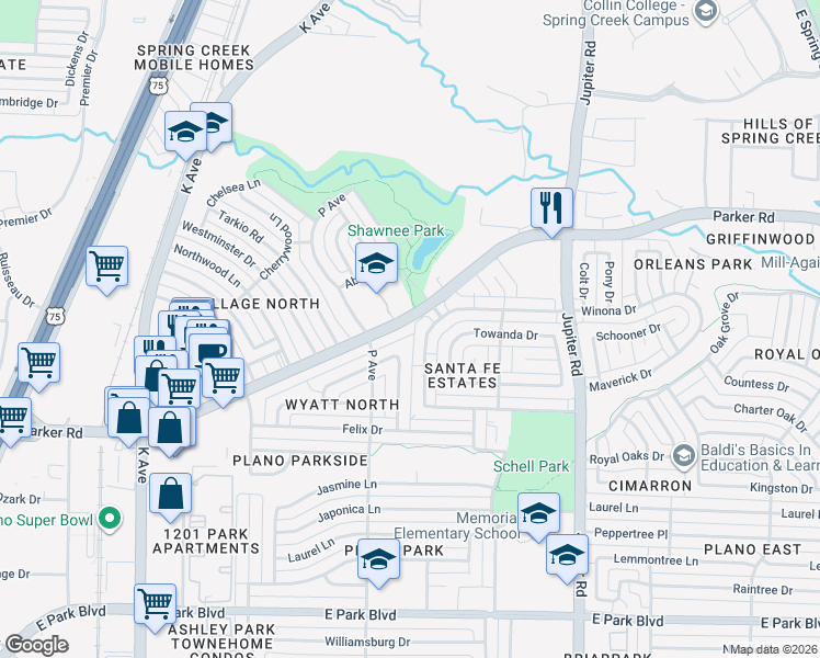 map of restaurants, bars, coffee shops, grocery stores, and more near 1730 East Parker Road in Plano