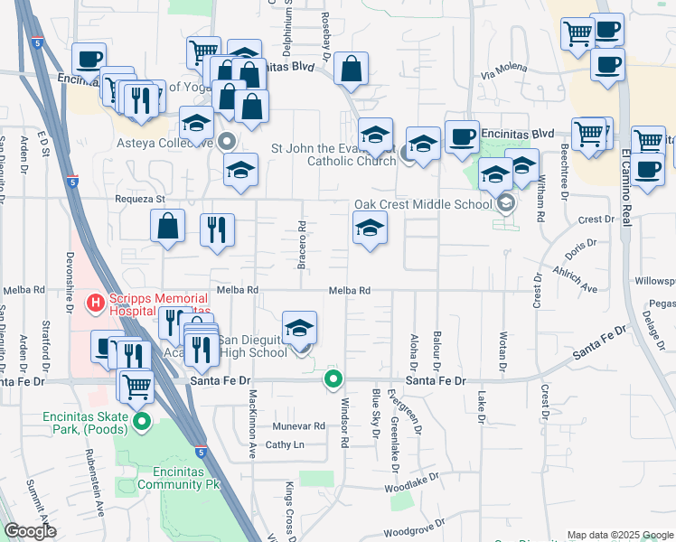 map of restaurants, bars, coffee shops, grocery stores, and more near 760 Bonita Drive in Encinitas