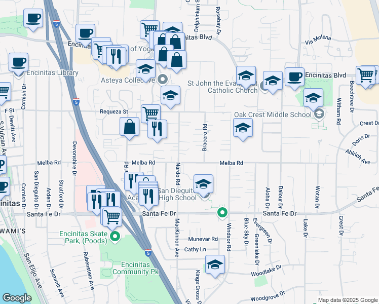 map of restaurants, bars, coffee shops, grocery stores, and more near 917 Nardo Road in Encinitas