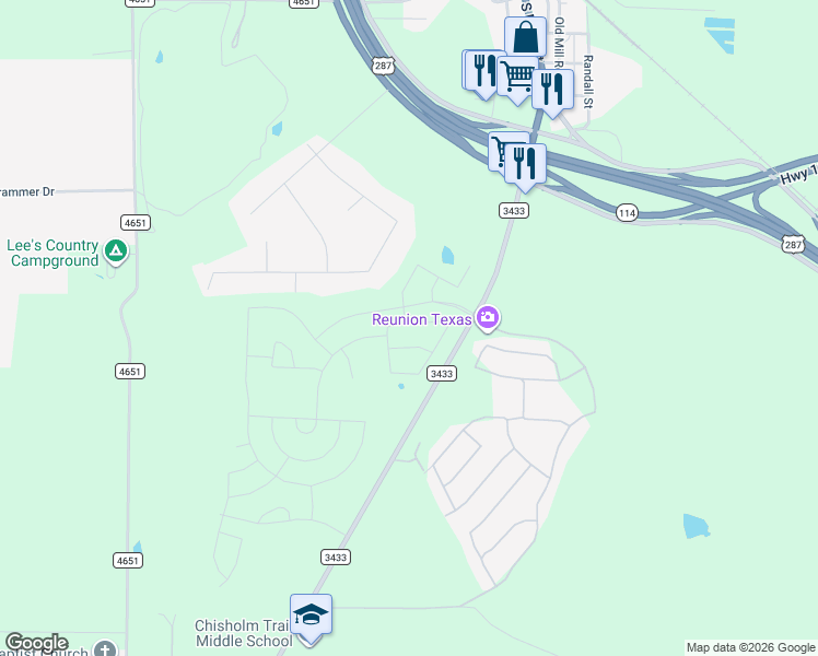 map of restaurants, bars, coffee shops, grocery stores, and more near Farm to Market Road 3433 in Rhome