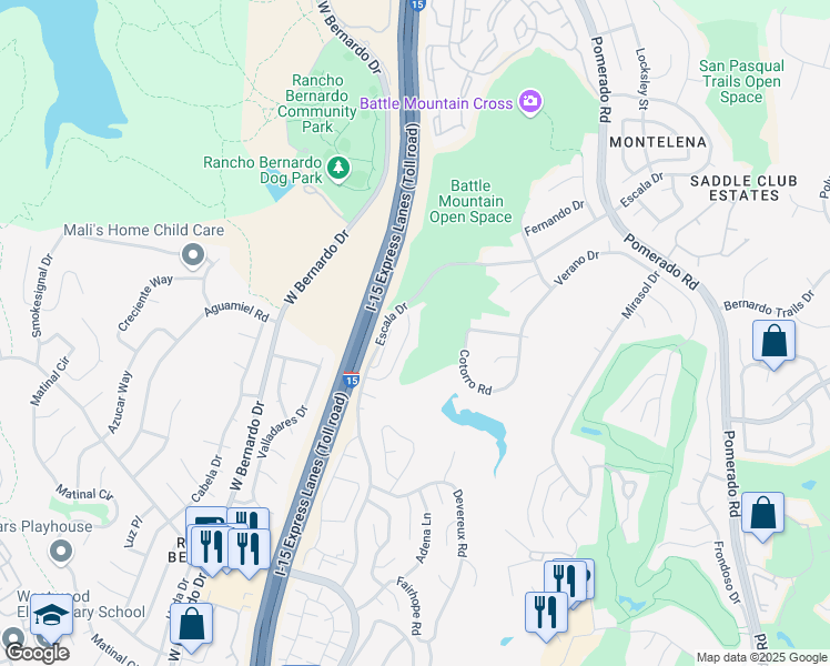 map of restaurants, bars, coffee shops, grocery stores, and more near 18159 Colonnades Place in San Diego