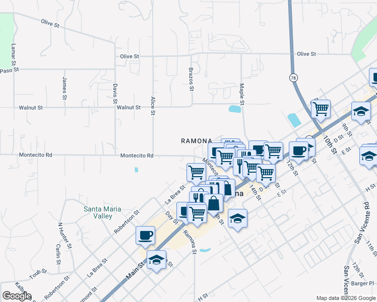 map of restaurants, bars, coffee shops, grocery stores, and more near 1615 Montecito Road in Ramona