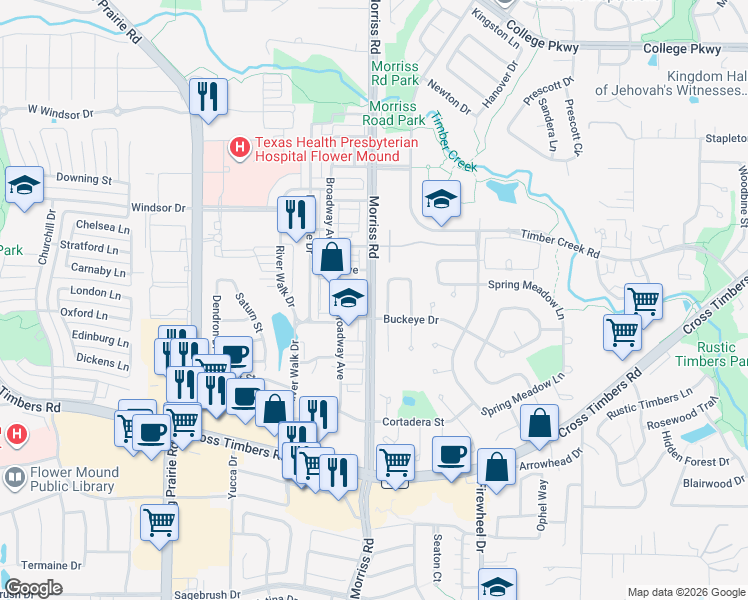 map of restaurants, bars, coffee shops, grocery stores, and more near 4058 Morriss Road in Flower Mound