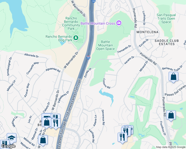 map of restaurants, bars, coffee shops, grocery stores, and more near 18159 Colonnades Place in San Diego
