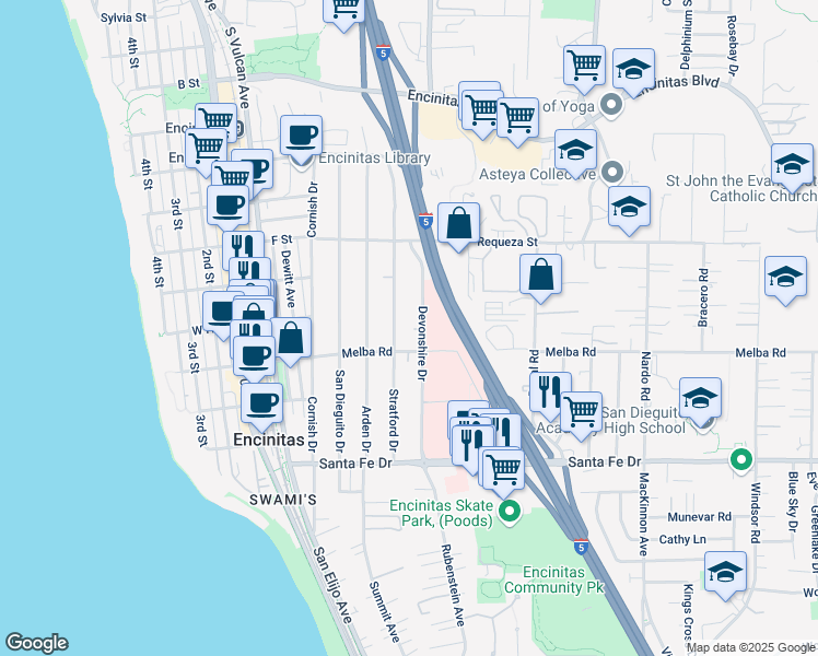 map of restaurants, bars, coffee shops, grocery stores, and more near 936 Devonshire Drive in Encinitas