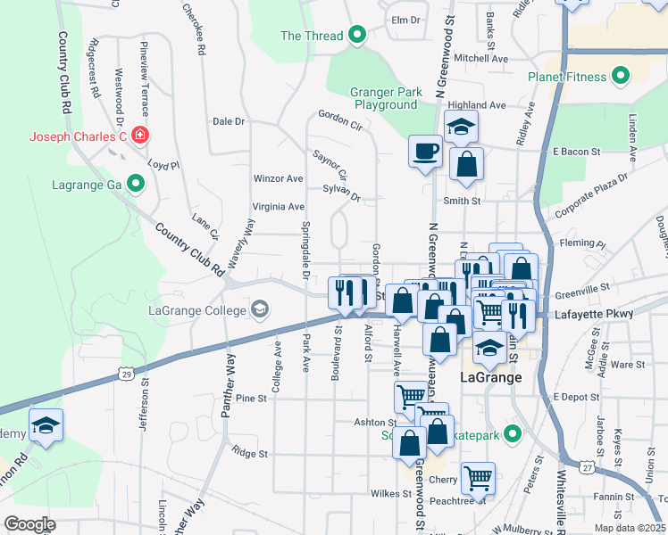 map of restaurants, bars, coffee shops, grocery stores, and more near 109 Ben Hill Street in LaGrange
