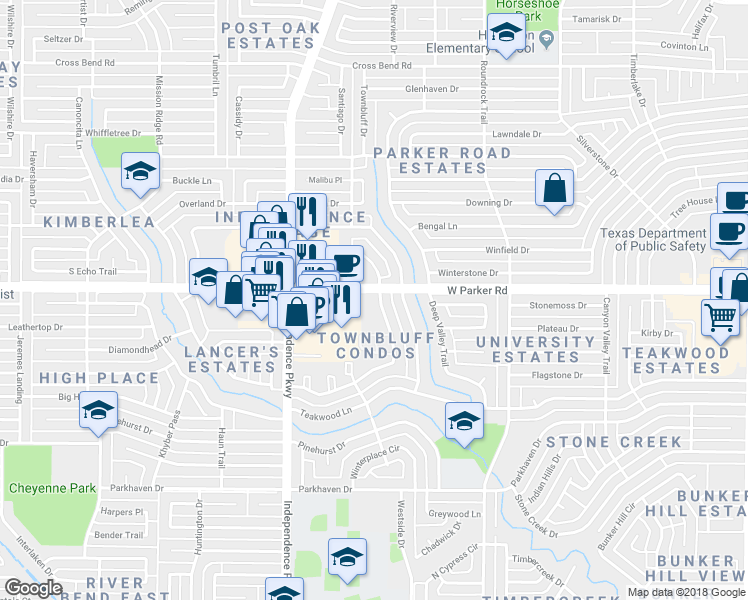 map of restaurants, bars, coffee shops, grocery stores, and more near 2800 W Parker Rd in Plano