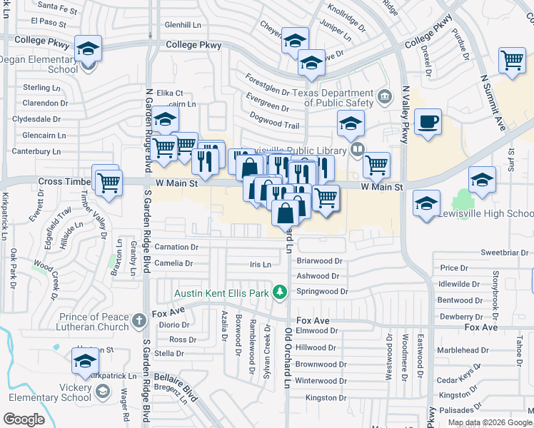 map of restaurants, bars, coffee shops, grocery stores, and more near in Lewisville