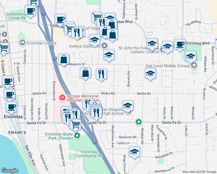map of restaurants, bars, coffee shops, grocery stores, and more near 690 Corona Way in Encinitas