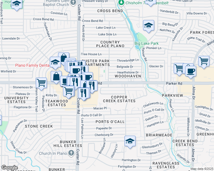 map of restaurants, bars, coffee shops, grocery stores, and more near 1801 Copper Creek Drive in Plano