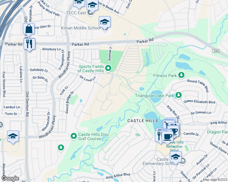 map of restaurants, bars, coffee shops, grocery stores, and more near 610 Evelake Court in Lewisville
