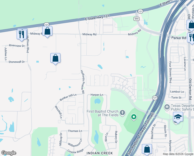 map of restaurants, bars, coffee shops, grocery stores, and more near 617 Holfords Prairie Road in Lewisville