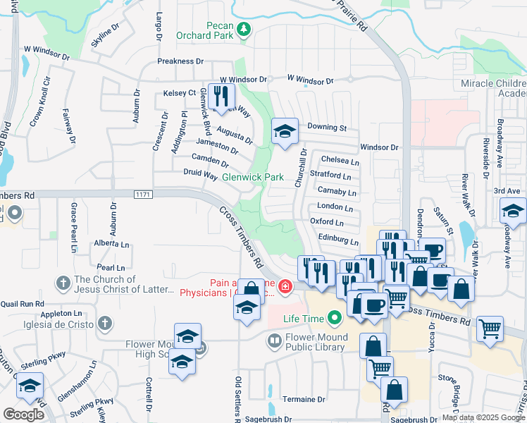 map of restaurants, bars, coffee shops, grocery stores, and more near 3029 Newcastle Court in Flower Mound