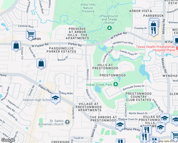 map of restaurants, bars, coffee shops, grocery stores, and more near 2905 Prestonwood Drive in Plano