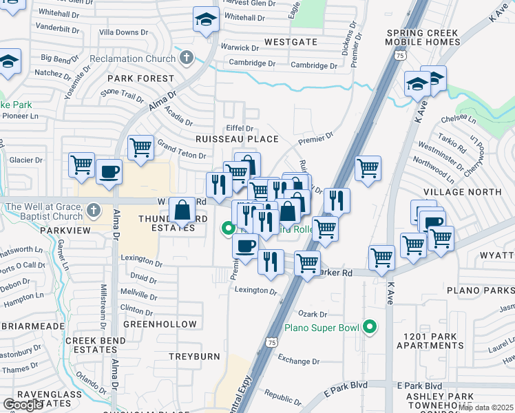 map of restaurants, bars, coffee shops, grocery stores, and more near 525 West Parker Road in Plano