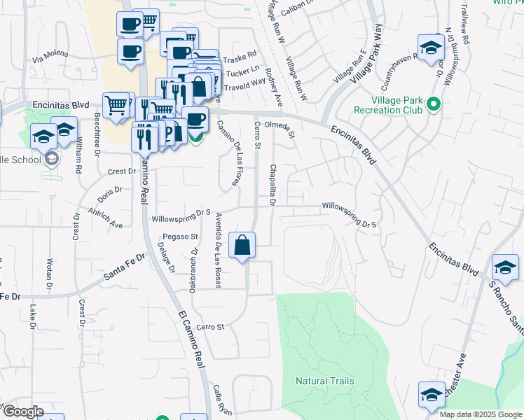map of restaurants, bars, coffee shops, grocery stores, and more near 328 Chapalita Drive in Encinitas