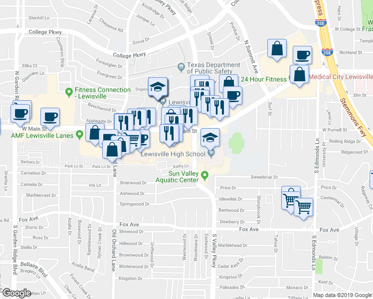 map of restaurants, bars, coffee shops, grocery stores, and more near 1106 West Main Street in Lewisville