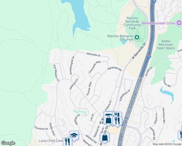 map of restaurants, bars, coffee shops, grocery stores, and more near 17727 Creciente Way in San Diego