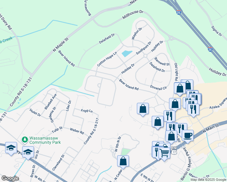 map of restaurants, bars, coffee shops, grocery stores, and more near 165 Avonshire Drive in Summerville