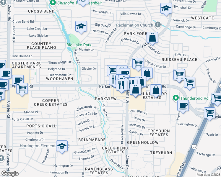 map of restaurants, bars, coffee shops, grocery stores, and more near 3208 Upshire Court in Plano