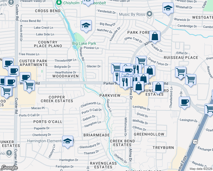 map of restaurants, bars, coffee shops, grocery stores, and more near 1309 Ursula Court in Plano