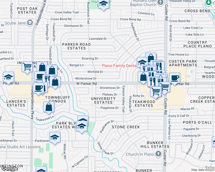 map of restaurants, bars, coffee shops, grocery stores, and more near 2521 Stonemoss Drive in Plano