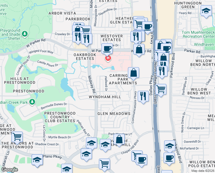 map of restaurants, bars, coffee shops, grocery stores, and more near 2907-2909 Hallwell Drive in Plano