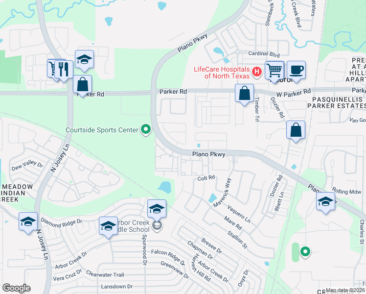 map of restaurants, bars, coffee shops, grocery stores, and more near 2168 Spencer Lane in Carrollton