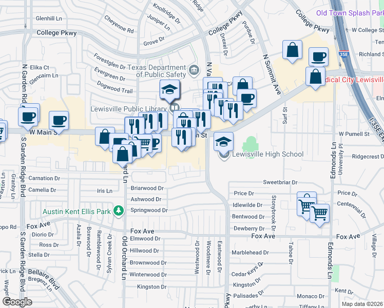 map of restaurants, bars, coffee shops, grocery stores, and more near 1106 West Main Street in Lewisville