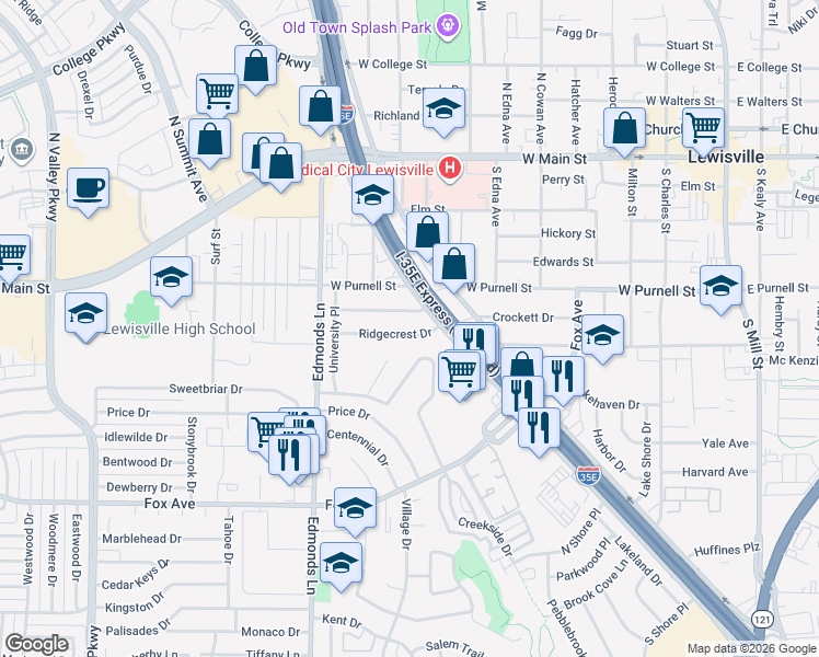 map of restaurants, bars, coffee shops, grocery stores, and more near 537 Ridgecrest Drive in Lewisville