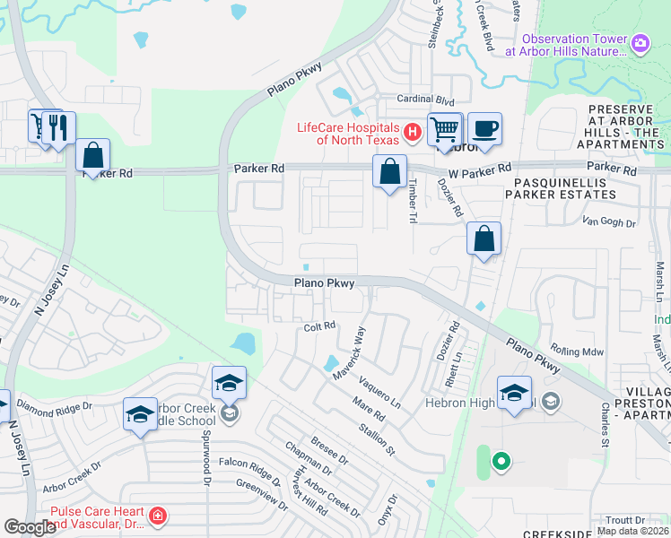 map of restaurants, bars, coffee shops, grocery stores, and more near 2261 Lexington Way in Carrollton
