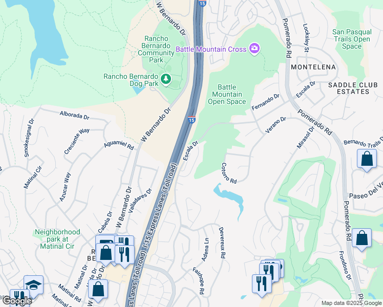 map of restaurants, bars, coffee shops, grocery stores, and more near 18185 Chretien Court in San Diego