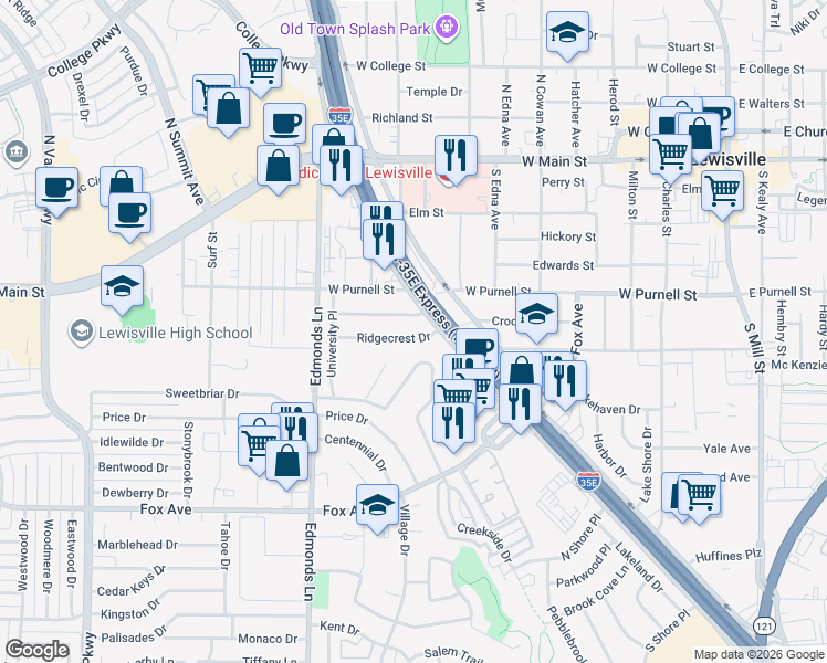 map of restaurants, bars, coffee shops, grocery stores, and more near 537 Ridgecrest Drive in Lewisville