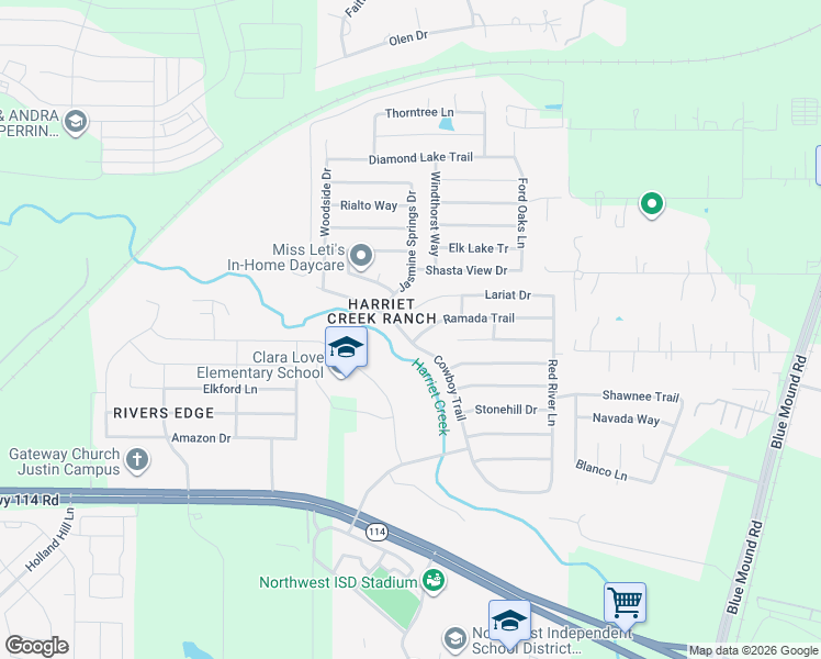 map of restaurants, bars, coffee shops, grocery stores, and more near 16404 Cowboy Trail in Justin