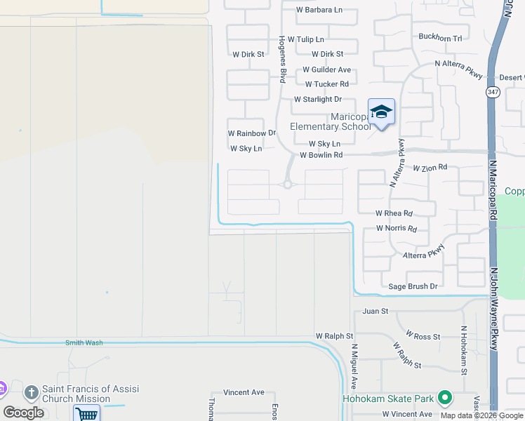 map of restaurants, bars, coffee shops, grocery stores, and more near 45995 Ranch Road in Maricopa