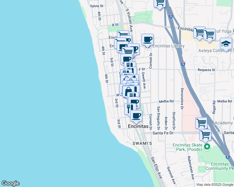 map of restaurants, bars, coffee shops, grocery stores, and more near 230 West H Street in Encinitas
