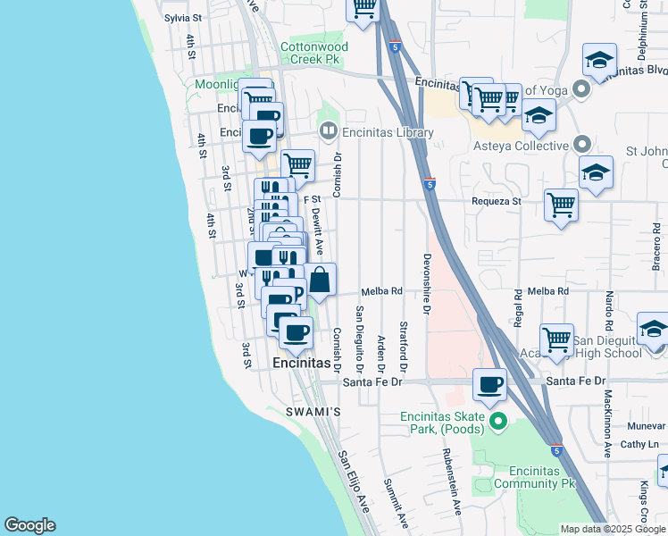 map of restaurants, bars, coffee shops, grocery stores, and more near 900 Cornish Drive in Encinitas