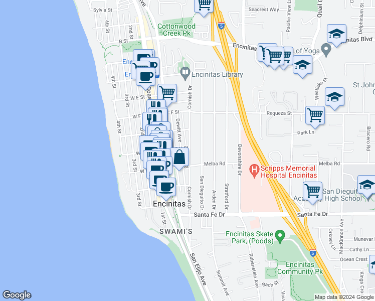 map of restaurants, bars, coffee shops, grocery stores, and more near 900 Cornish Drive in Encinitas