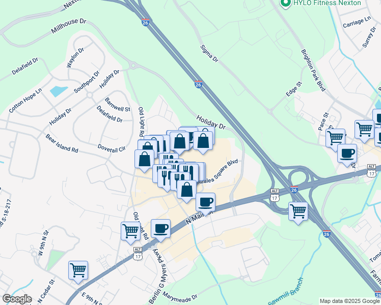 map of restaurants, bars, coffee shops, grocery stores, and more near 450 Azalea Square Boulevard in Summerville