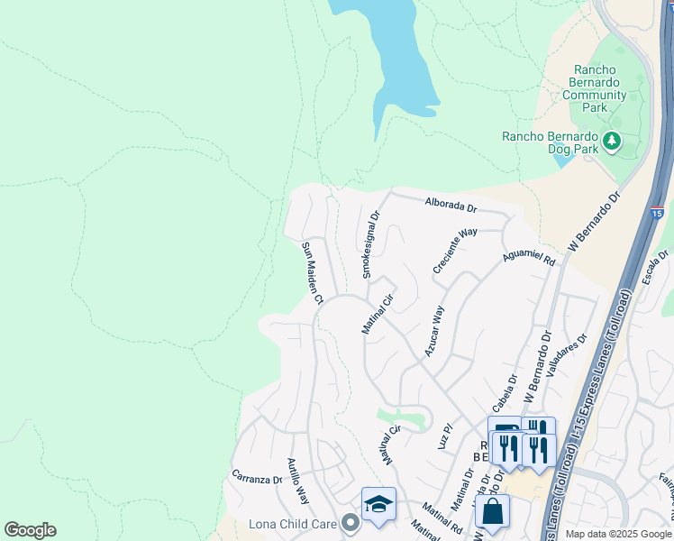 map of restaurants, bars, coffee shops, grocery stores, and more near 18139 Moon Song Court in San Diego