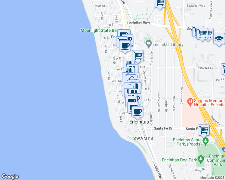 map of restaurants, bars, coffee shops, grocery stores, and more near 906 3rd Street in Encinitas