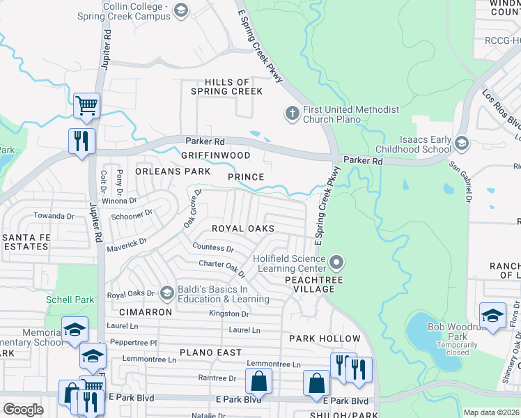map of restaurants, bars, coffee shops, grocery stores, and more near 3021 Princess Lane in Plano